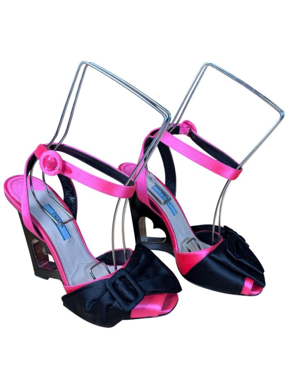 Prada Hot Pink Satin Bow Heart Cutout Wedge Heel Sandals Size EU 37 US 7